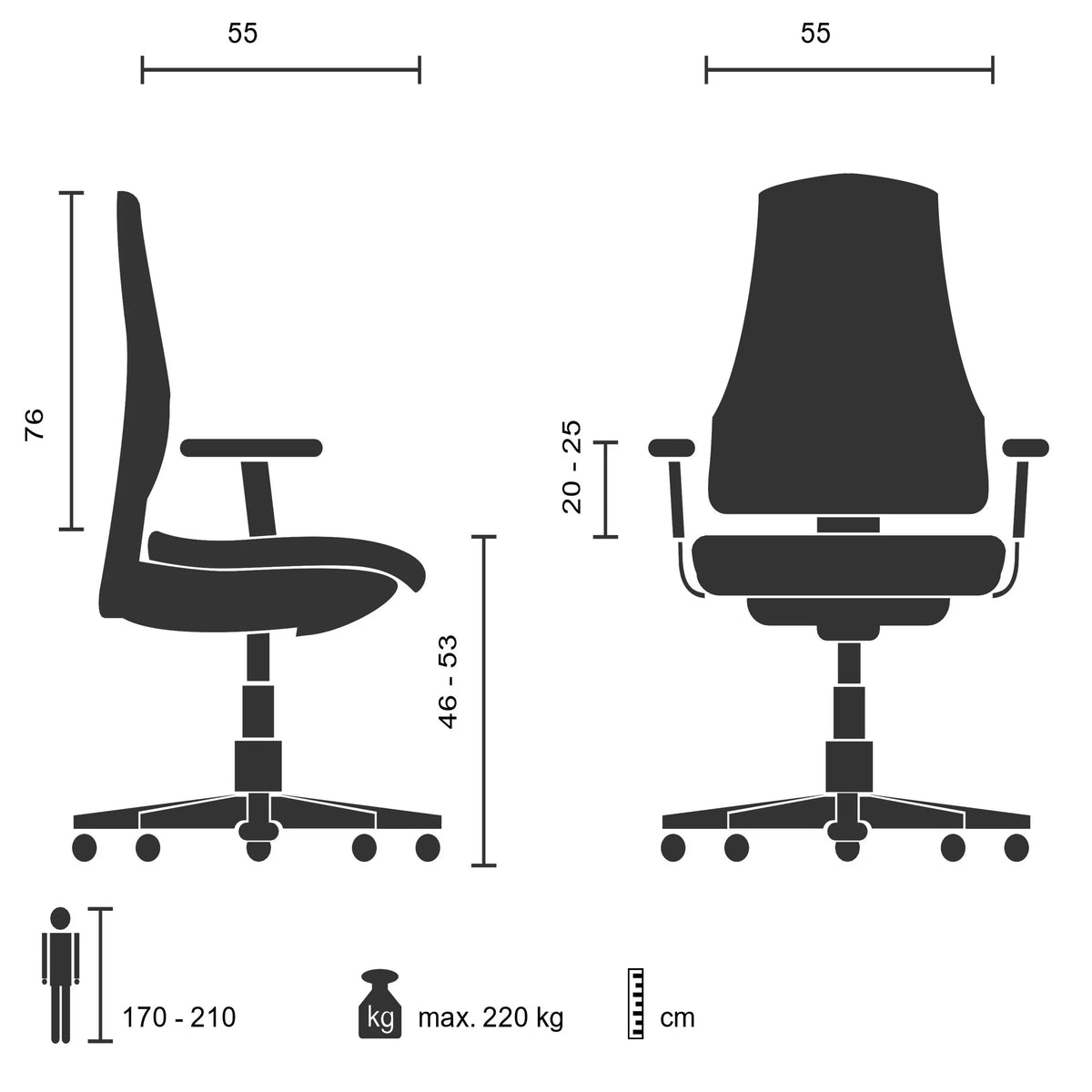 Technische Zeichnung des XXL Drehstuhls INSTRUCTOR III mit einer max. Belastbarkeit von 220 kg von hjh OFFICE