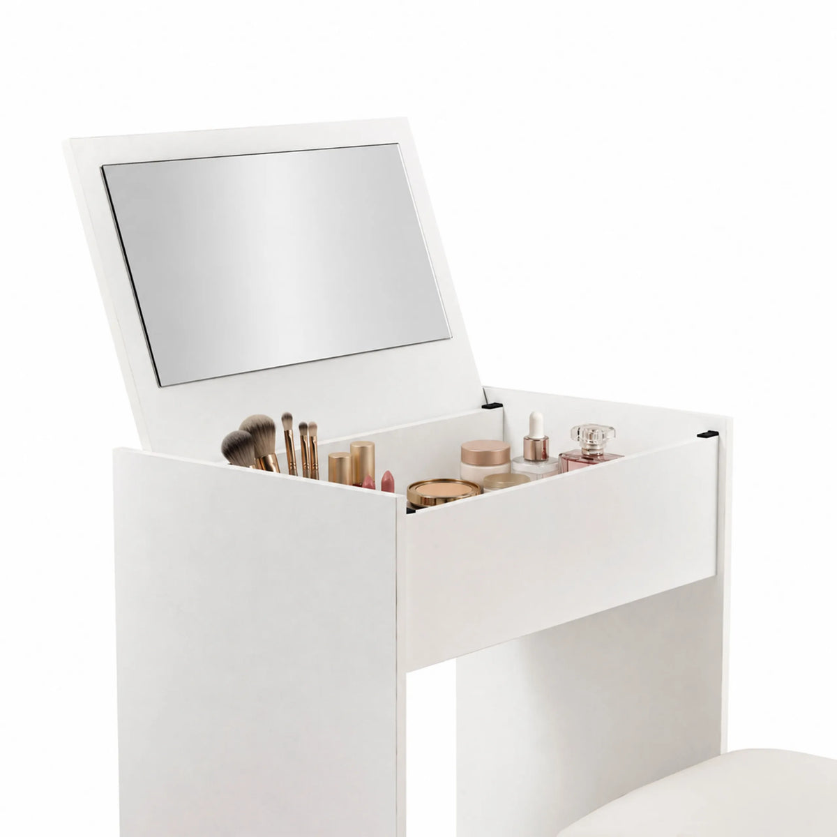 Geöffneter Schminkspiegel Glamdesk in Weiß mit integriertem Fach für Make-up-Utensilien von hjh LIVING