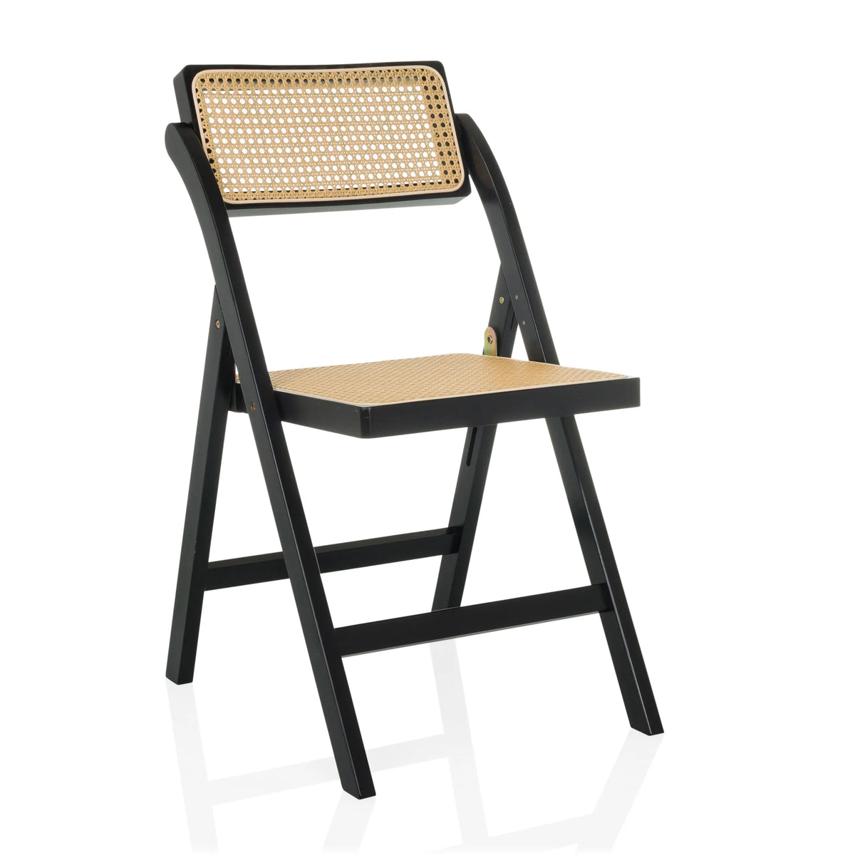 Schwarzer Klappstuhl TUDELA BAMBOO mit brauner Wiener Geflecht-Sitzfläche und -Rückenlehne von hjh LIVING – 360-Grad-Ansicht (schräge Frontansicht 30°)