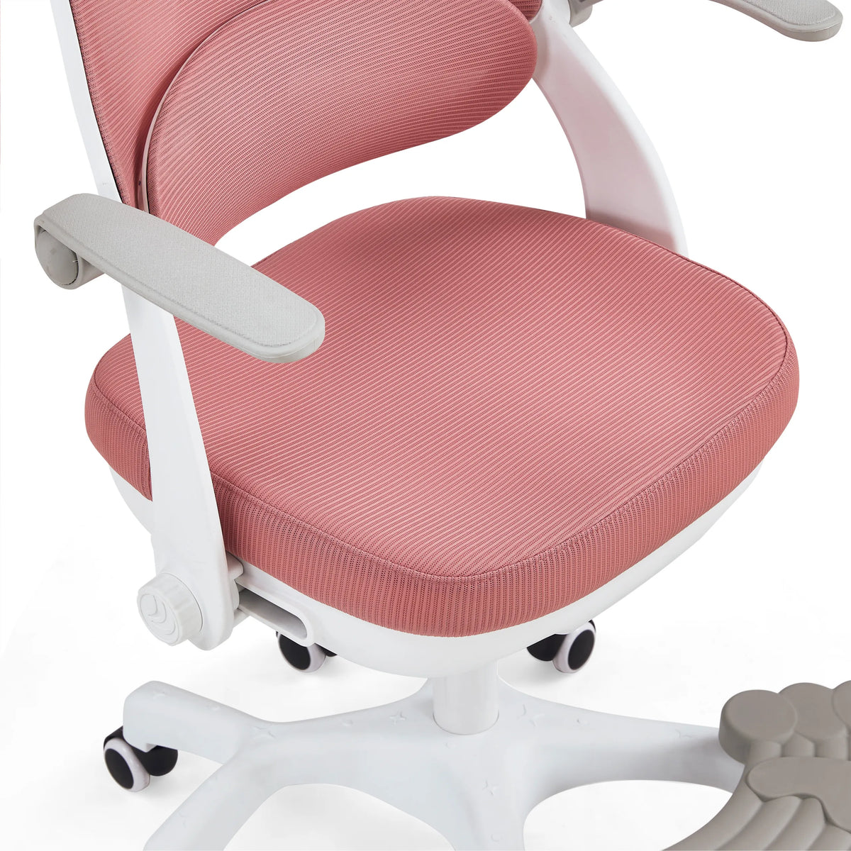 Rosa gefütterte Sitzfläche und Rückenlehne des Kinderdrehstuhls Kiddy Smart Step mit weißem Gestell von hjh OFFICE