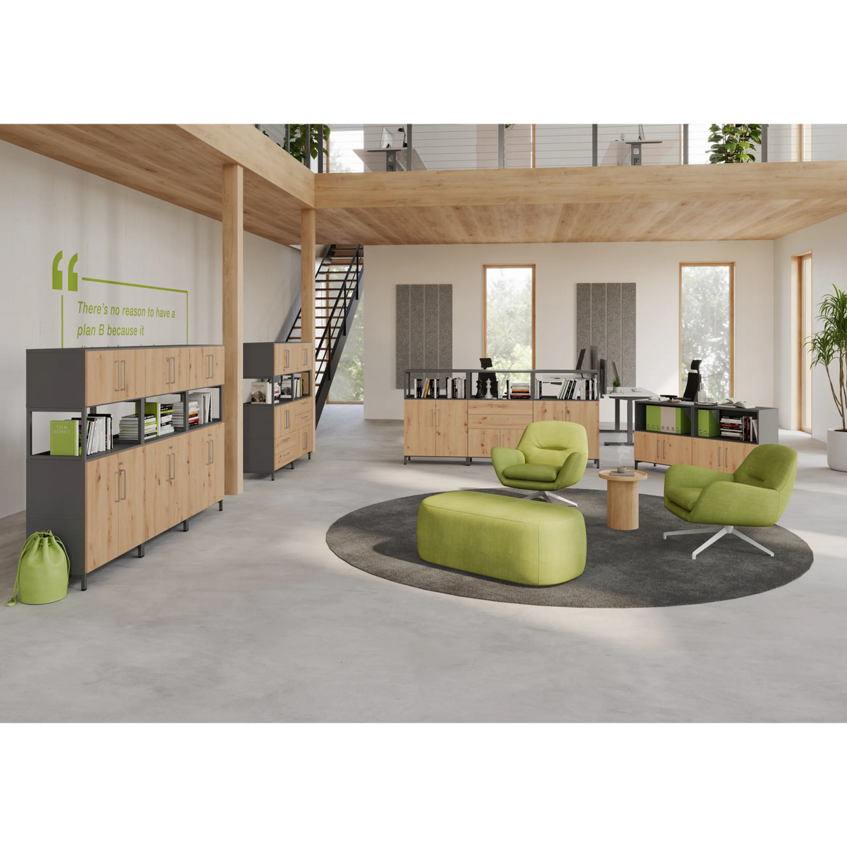 Modulares Regalsystem der Serie FlexWall mit Korpus in Graphit und Holzelementen von hjh OFFICE PRO