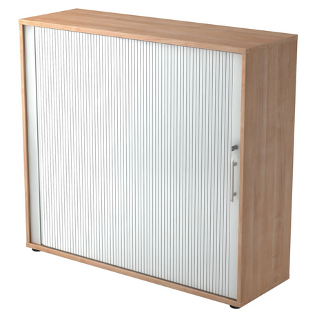 Rollladenschrank BETA R 1733S in Nussbaum-Optik mit weißem Kunststoff-Rollladen und Relinggriff von hjh OFFICE PRO