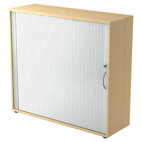 Rollladenschrank BETA R 1733S in Ahornoptik mit weißem Rollladen und silbernem Bogengriff von hjh OFFICE PRO