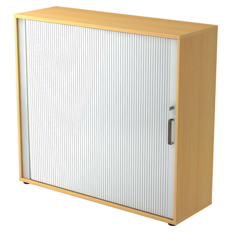 Rollladenschrank BETA R 1733S in Buche-Optik mit weißem Kunststoff-Rollladen und Streifengriff von hjh OFFICE PRO