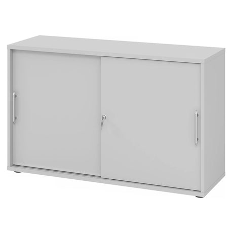Grauer Schiebetürenschrank BETA S 1752S mit zwei Kunststoff-Relinggriffen und Schloss von hjh OFFICE PRO