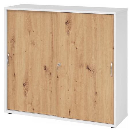 Schiebetürenschrank BETA S 1753S in Weiß und Asteiche mit zwei metallischen Bogengriffen von hjh OFFICE PRO