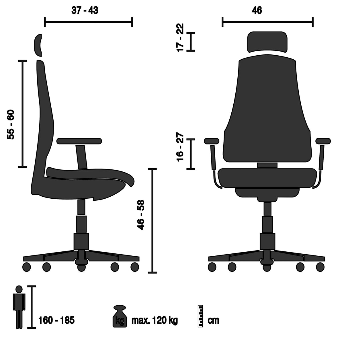 Technische Zeichnung des Luxus Chefsessels ERGOHUMAN ULTRA G GEN2 mit einer maximalen Belastbarkeit von 120 kg von hjh OFFICE