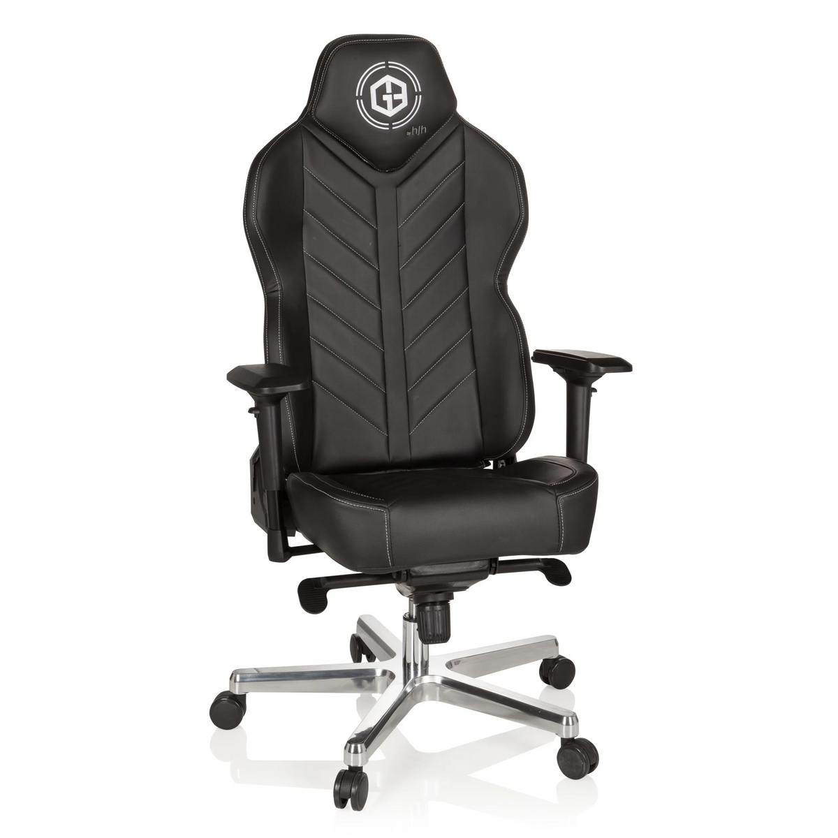 Schwarzer Gamingstuhl GAMEBREAKER COLOSSUS mit Armlehnen und glänzendem Fußkreuz mit fünf Rollen von hjh OFFICE – 360-Grad-Ansicht (Frontansicht 20°)