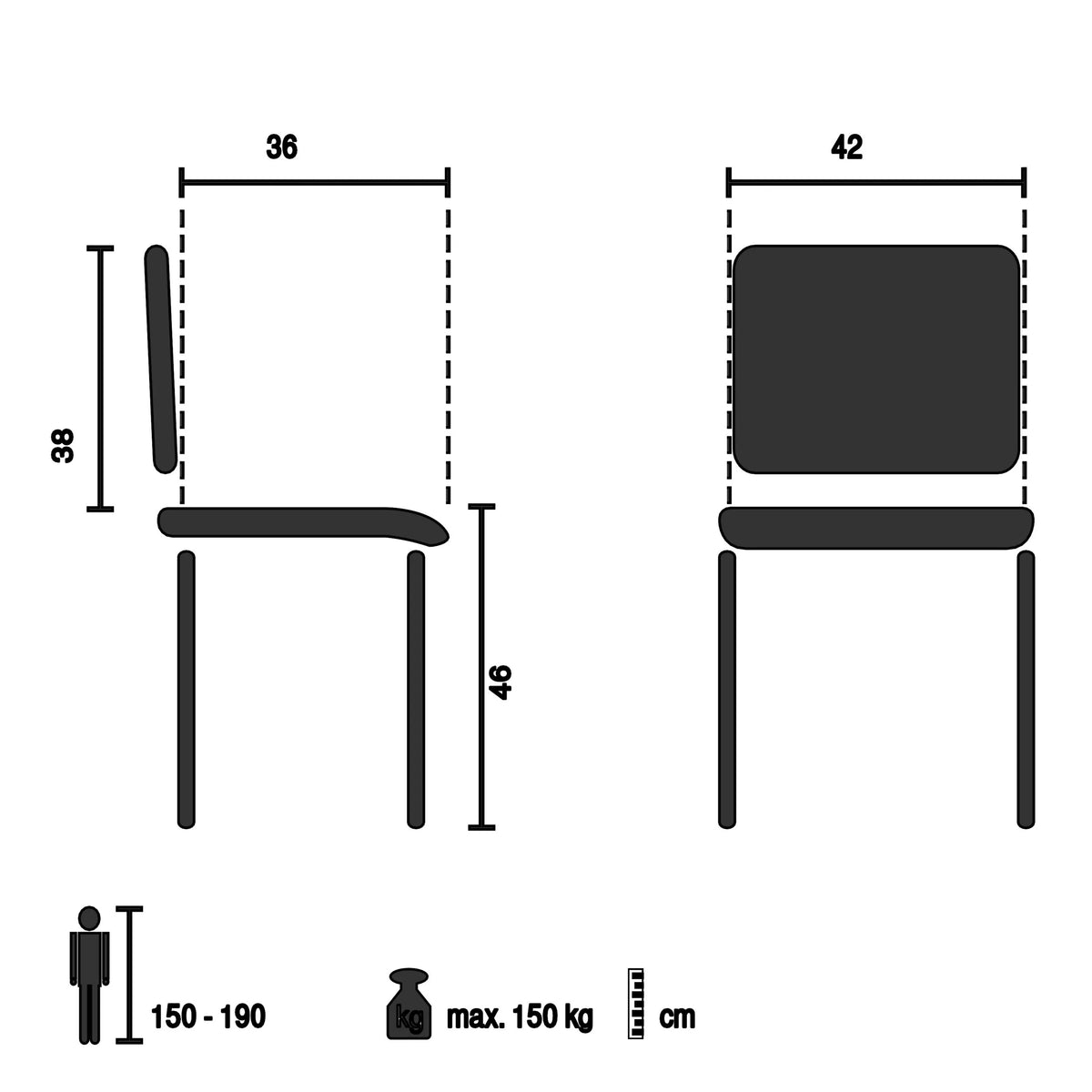 Technische Zeichnung des Outdoor-Stuhls T37 V 4 mit einer Sitzhöhe von 46 cm von hjh LIVING