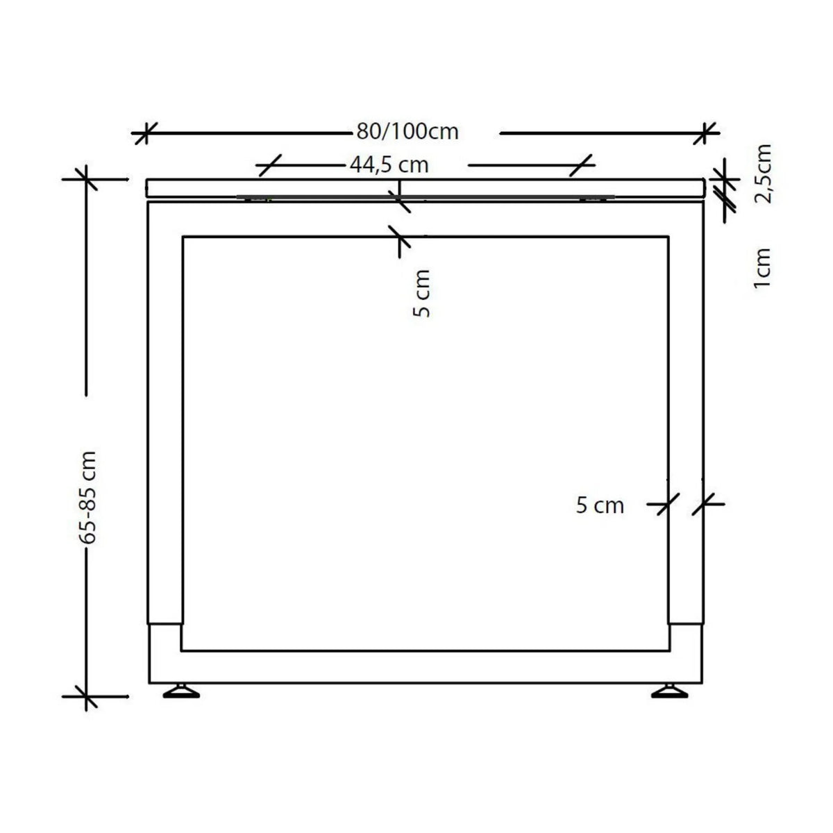 Maßzeichnung des höhenverstellbaren Schreibtisches REGO 8 S mit Breite 80/100 cm und Höhe 65-85 cm von hjh OFFICE PRO