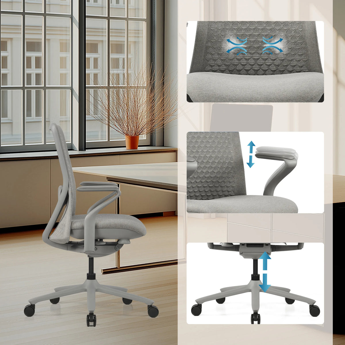 Höhenverstellbare Armlehne und Gasfeder des High-End-Bürostuhls VERVIO in Grau von hjh OFFICE