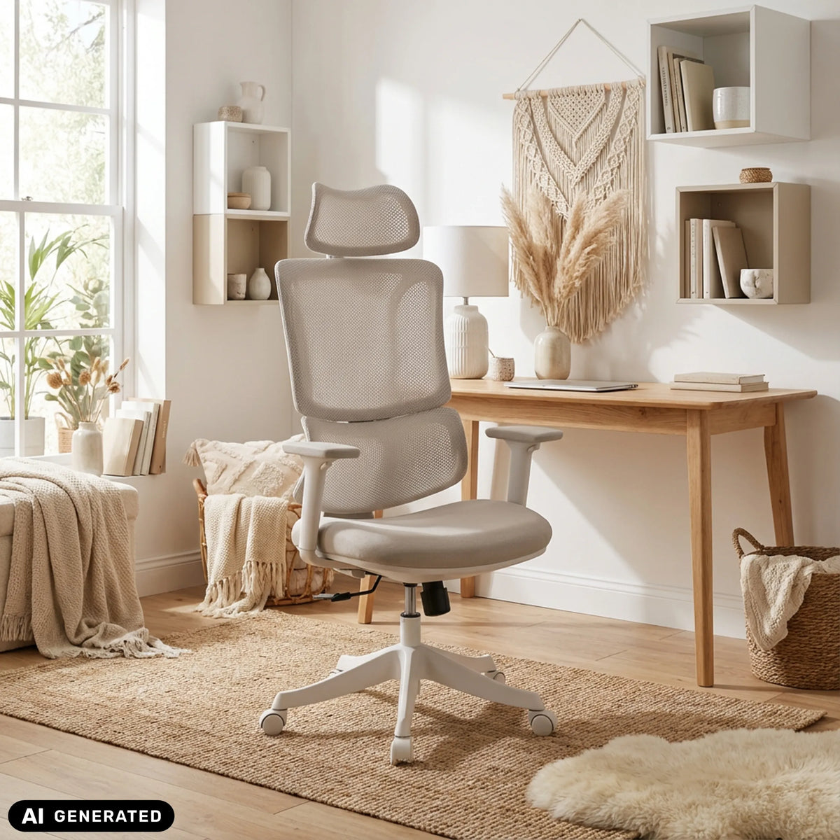 Beiger Homeoffice-Bürostuhl Ergomy Colore mit Netzrückenlehne und Armlehnen von MyBuero (KI-generiertes Bild)