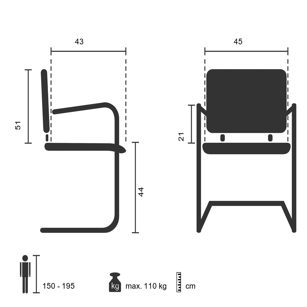 Technische Zeichnung des Freischwingers FLEXO V mit einer Sitzhöhe von 44 cm von hjh OFFICE