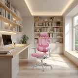 Rosa Luxus-Chefsessel ERGOHUMAN SLIM G GEN2 mit Netzrücken in einem hellen Büro von hjh OFFICE (KI-generiertes Bild)