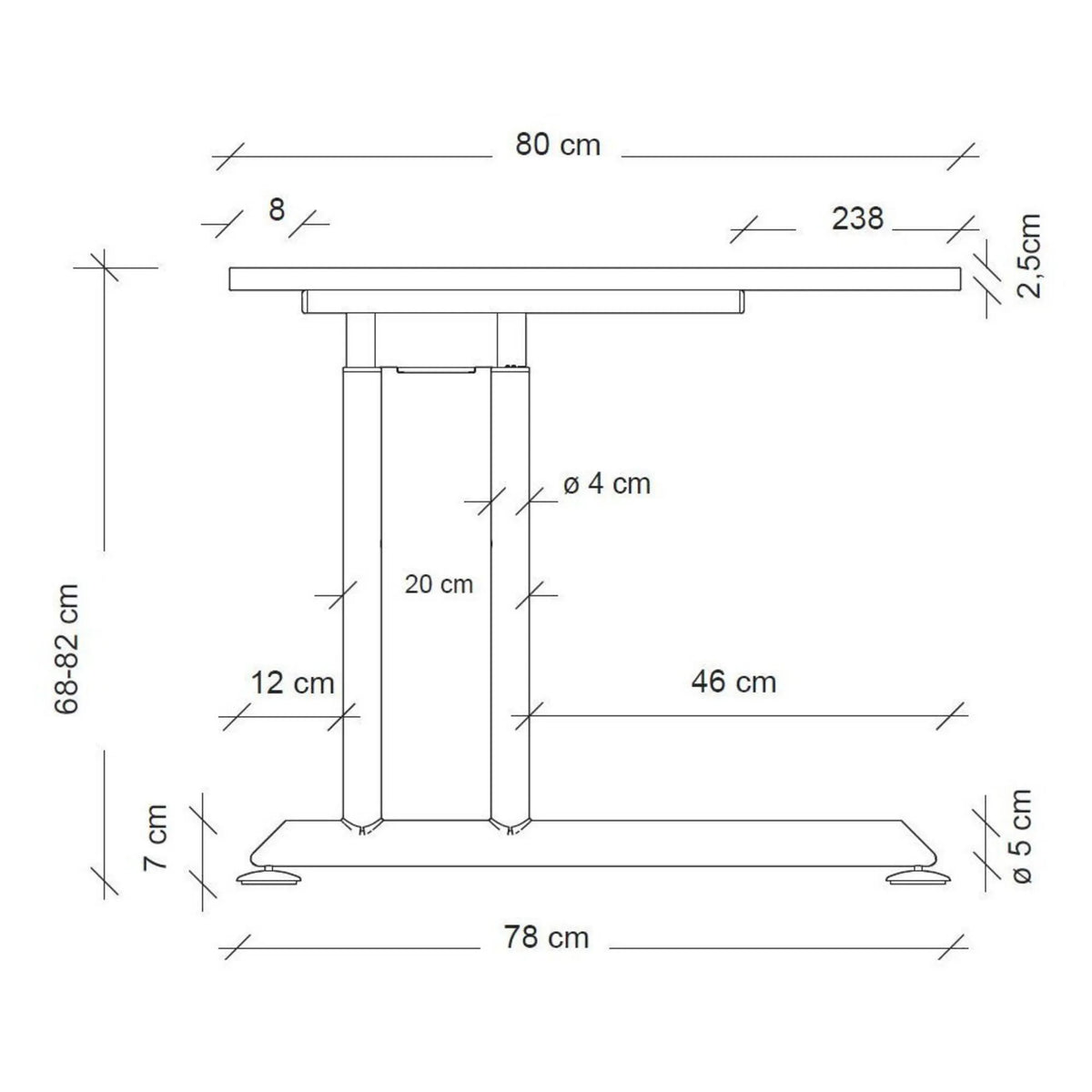 Maßzeichnung des höhenverstellbaren Schreibtischs ZENO 16 G mit einer Tiefe von 80 cm von hjh OFFICE PRO