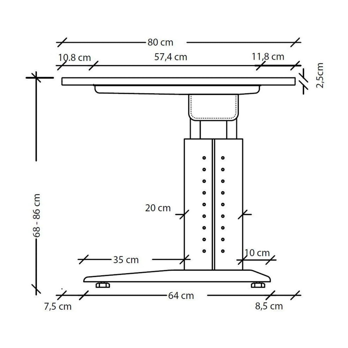 Maßzeichnung des höhenverstellbaren Schreibtischs UNDA 8 S mit einer Breite von 80 cm und Höhe 68-86 cm von hjh OFFICE PRO