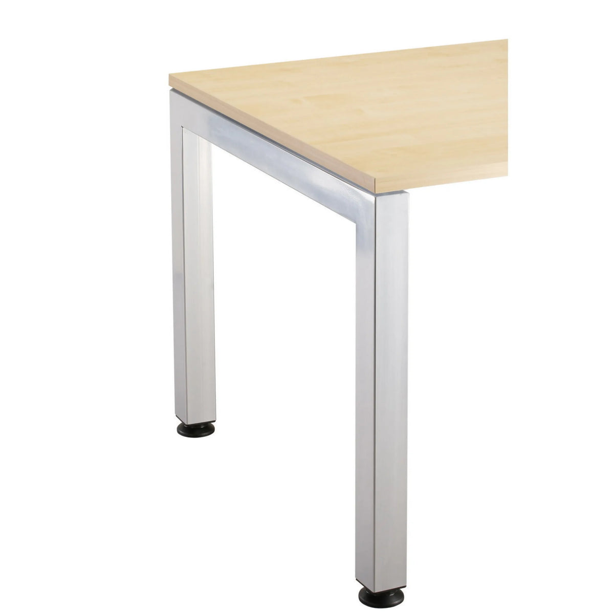 Ecke der hellen Tischplatte mit silberfarbenem Metallgestell des Schreibtischs JAVA 12 S von hjh OFFICE PRO