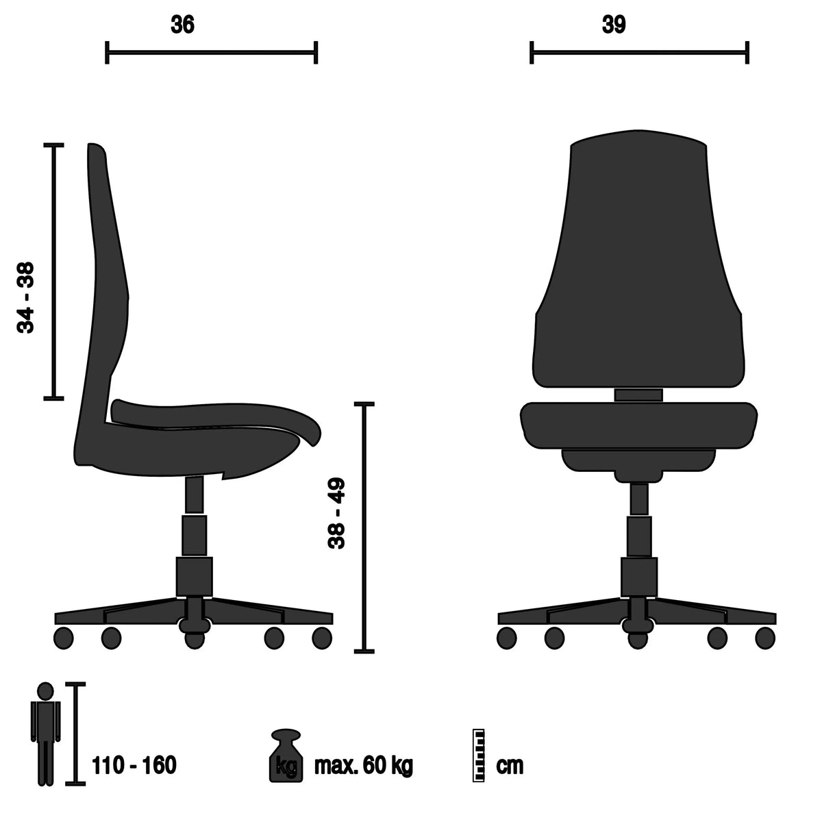 Technische Zeichnung des Kinderdrehstuhls KID CLASSIC mit einer Sitzhöhe von 38-49 cm von hjh OFFICE