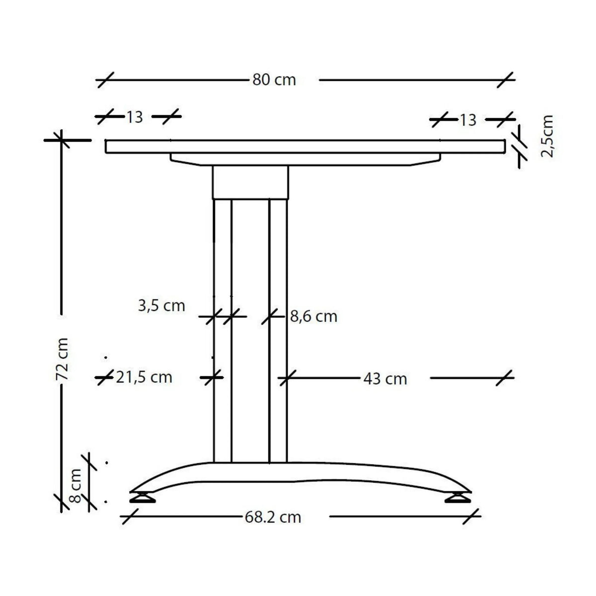 Maßzeichnung des Schreibtisches BELA 18 S mit einer Breite von 80 cm und Höhe von 72 cm von hjh OFFICE PRO