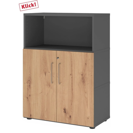 Büroschrank FlexWall in Graphit und Asteiche mit zwei Türen sowie offenem Fach von hjh OFFICE PRO