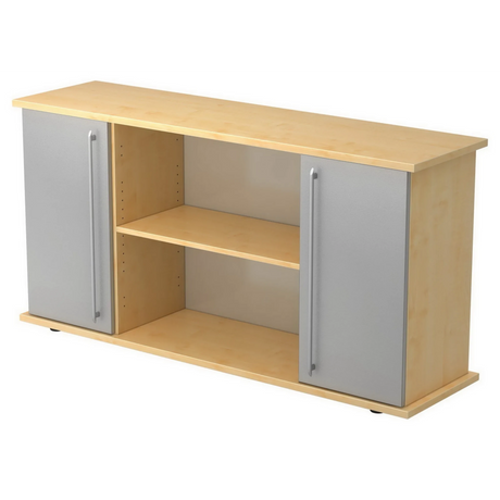 Sideboard KAPA SB in Ahorn-Optik mit zwei silbernen Kunststofftüren und offenen Regalfächern von hjh OFFICE PRO