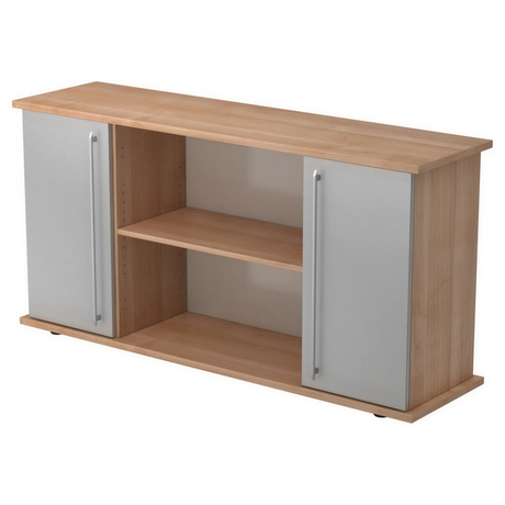 Sideboard KAPA SB in Nussbaum-Optik mit silbernen Türen, Relinggriffen und offenem Regal von hjh OFFICE PRO