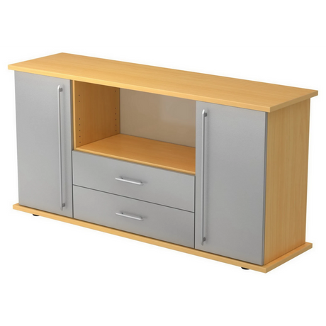Sideboard KAPA SB in Buche und Silber mit zwei Türen, zwei Schubladen und Relinggriffen von hjh OFFICE PRO