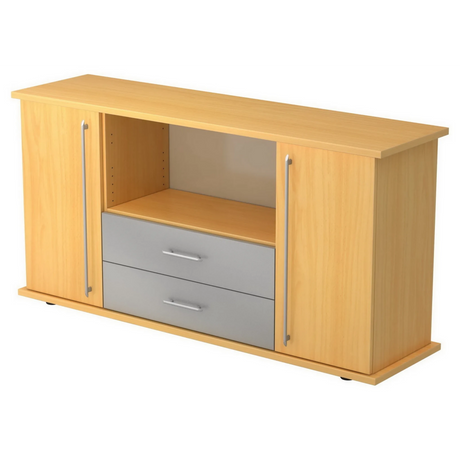Sideboard KAPA SB in Buche-Optik mit zwei Türen, zwei grauen Schubladen und Relinggriffen von hjh OFFICE PRO