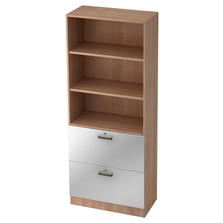 Regal SIGNA G 7300 in Nussbaum-Optik mit zwei weißen Schubladen und Streifengriffen von hjh OFFICE PRO