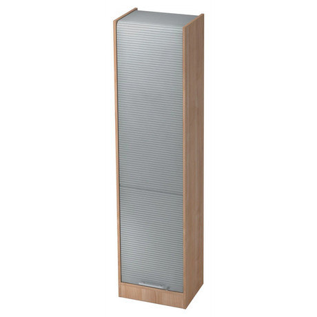 Rollcontainer SIGNA R 50 in Nussbaum-Optik mit silbernen Lamellenfronten und Relinggriff von hjh OFFICE PRO