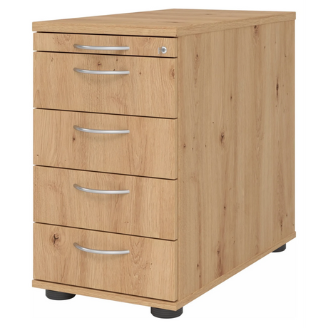 Standcontainer SIGNA SC50 in Asteiche-Optik mit fünf Schubladen und silbernen Bogengriffen von hjh OFFICE PRO